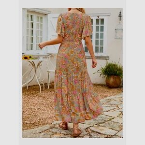 Zesica Pink Floral Print Short-Flutter Sleeve Smocked High-Waist Maxi Dress